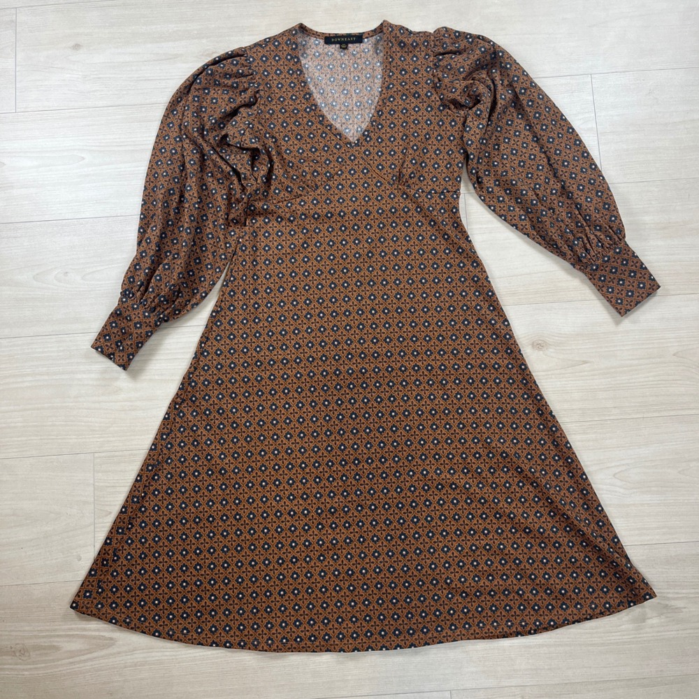 Downeast Womens XS Brown Blue Geometric Floral Puff Sleeve V-Neck Midi Dress